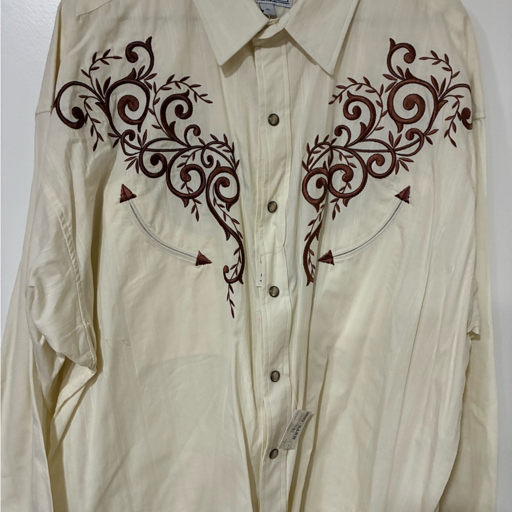 Panhandle Slim Cream Snap Western Shirt with Brown Embroidery